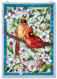 Amia Window Dcor Panel Features a Cardinal Bird Scene, 11 Inches Width by 15.5 Inches Length, Handpainted Glass   Decorative Plaques