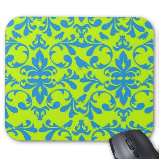 lime green bright blue bird damask pattern mouse pad