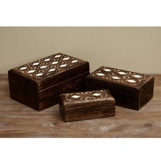 Set of 3 Carved Wood Diamond Jewelry Box (India) Jewelry Boxes