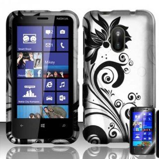 NOKIA LUMIA 620 BLACK SILVER VINE RUBBERIZED COVER SNAP ON HARD CASE + SCREEN PROTECTOR from [ACCESSORY ARENA] Cell Phones & Accessories