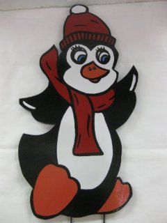 Unique Christmas Lawn Art Figure Small Penguin Wearing A Red Hat & Scarf Handcrafted & Painted With Great Detail Metal Stakes And Wall Mount Included  Outdoor Statues  Patio, Lawn & Garden