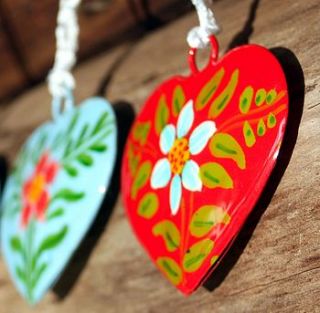 set of three hand painted hanging hearts by the forest & co