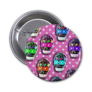 Whimsical floral sugar skull on pink polka dots pinback buttons