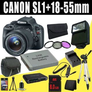 Canon EOS Rebel SL1 18.0 MP CMOS Digital SLR with 18 55mm EF S IS STM Lens + LP E12 Replacement Lithium Ion Battery+ External Rapid Charger + 8GB SDHC Class 10 Memory Card + 58mm 3 Piece Filter Kit + Carrying Case + Full Size Tripod + External Flash + Mul