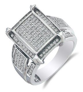 .925 Sterling Silver Plated in White Gold Rhodium Diamond Engagement OR Fashion Right Hand Ring Band   Emerald Shape Center Setting w/ Micro Pave Set Round Diamonds   (.45 cttw) Jewelry