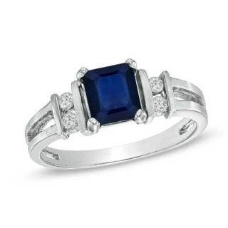Emerald Cut Sapphire and 1/10 CT. T.W. Diamond Ring in 14K White Gold
