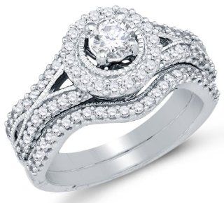 14K White Gold Round Brilliant Cut Diamond Bridal Engagement Ring and Matching Wedding Band Two 2 Ring Set   Halo Prong Set Center with Channel Set Side Stones   Classic Traditional Solitaire Shape Center Setting   (1.00 cttw.   .33ct. Center Stone) Jewel
