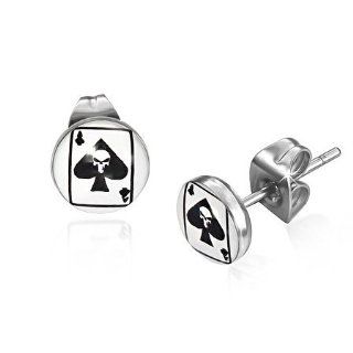 E636 E636 7mm Stainless Steel Skull Ace of Spades Playing Card Circle Stud Earrings Mission Jewelry