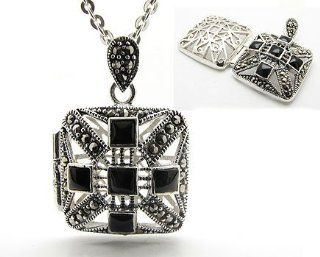 Genuine Marcasite and Black Onyx Square Sterling Silver Aromatherapy Scent Locket Pendant with 20" Cable Chain Necklace Jewelry