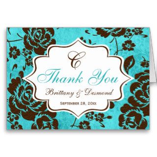 Aqua Brown White Floral Damask Thank You Card Greeting Cards