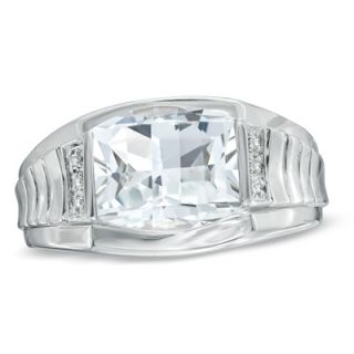 Mens Barrel Cut White Topaz and Diamond Accent Ring in Sterling