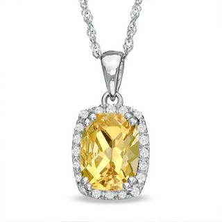 Cushion Cut Yellow Beryl and Diamond Accent Pendant in 14K White Gold