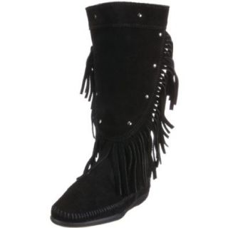 Minnetonka Womens Calf Hi Fringe Boot,Black Suede,5.5 B(M) US Shoes