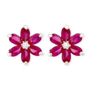 JanKuo Jewelry Silver Tone Ruby CZ Flowers with Six Oval Petals July Birthstone Stud Earrings with Gift Box Jewelry
