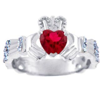18K White Gold 0.4 Ct Diamond Claddagh Ring With Garnet Jewelry