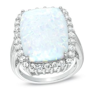 Cushion Cut Lab Created Opal and White Sapphire Frame Ring in Sterling