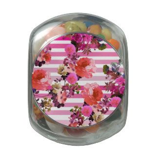 Girly Pink Retro Floral Pattern Pink Ombre Stripes Glass Jars