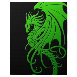 Flying Tribal Dragon   green on black Jigsaw Puzzle