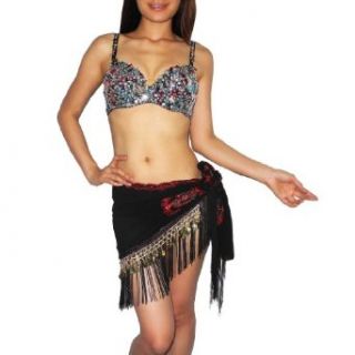 2 PIECE SET Ladies Exotic Belly Dance Sexy Sequins Beaded Top & Golden Coins Scarf   Black (Size 38B)