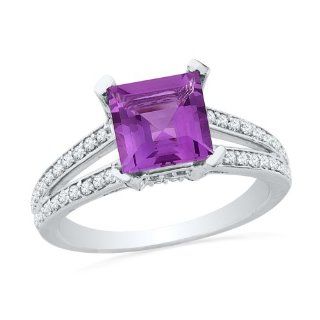 10KT White Gold Princess Amethyst and Round Diamond Engagement Ring D GOLD Jewelry