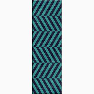 Hand made Stripe Pattern Blue Wool Rug (2.6x8)