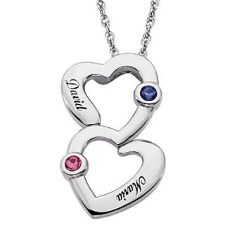 Couples Simulated Birthstone Double Heart Pendant in Sterling Silver