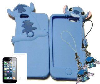IPHONE 5 DISNEY'S STITCH ON TOP BLUE SILICONE CASE + STITCH DUST PROTECTOR PLUG IN CHARM + SCREEN PROTECTOR Cell Phones & Accessories
