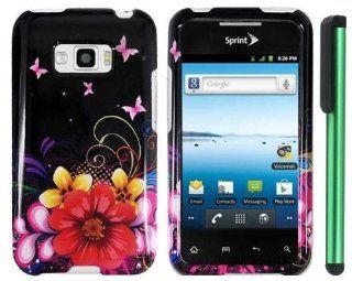 Red Yellow Dilusional Flower Pink Butterfly On Black Design Protector Hard Cover Case for LG Optimus Elite LS696 (Sprint, Virgin Mobile) + Combination 1 of New Metal Stylus Touch Screen Pen (4" Height, Random Color  Black, Silver, Hot Pink, Green, Lig