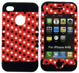 BUMPER CASE FOR IPHONE 4 SOFT BLACK SKIN HARD BLACK WHITE DOTS ON RED COVER Cell Phones & Accessories