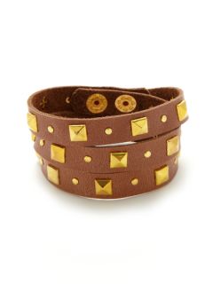 Light Brown Leather & Gold Stud Wrap Bracelet by Presh