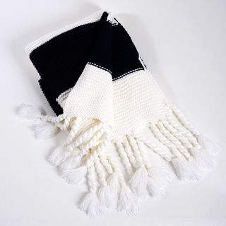 Knitted Navy Stripe Throw With Chunky Tassels