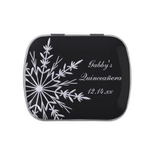 Black and White Winter Snowflake Quinceañera Favor Jelly Belly Tin