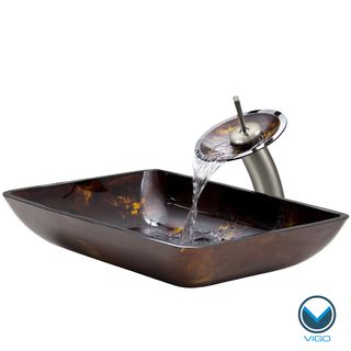 Vigo Rectangular Brown And Gold Fusion Glass Vessel Sink And Waterfall Faucet Set In Brushed Nickel