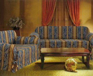 2 Piece Set Blue Stripe Sofa Loveseat Chair Protector Set   Sofa Slipcovers