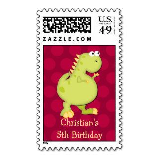 Funny Dinosaur Birthday Postage Stamp red