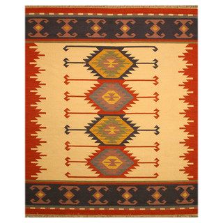Eorc Handmade Ivory/ Red Keysari Kilim Wool Rug (5 X 8)