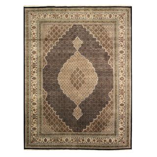 Eorc Black Hand knotted Wool And Silk Tabriz Mahi Rug (26 X 8)