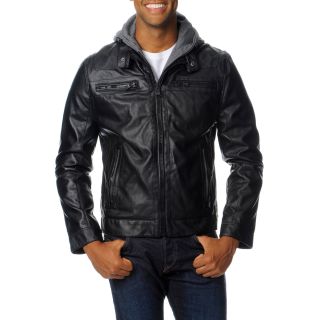 R o Mens Faux Leather Jacket With Removable Hood And Bib