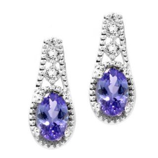 1.00 Ct 6X4mm Oval Natural Tanzanite & White Topaz 925 Sterling Silver Earrings Jewelry
