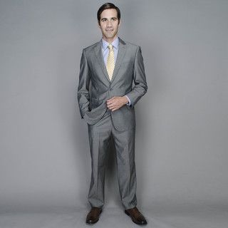 Mens Grey Sharkskin 2 button Wool And Silk Blend Suit