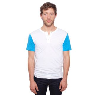 American Apparel Mens White And Blue Short Sleeve Henley Tee