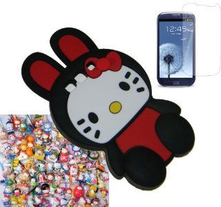 Samsung Galaxy S3 I9300 Black Hello Kitty Bunny Silicone Case + Hello Kitty Dust Protector Plug In Charm (Chosen At Random) + Screen Protector Combo Deals Cell Phones & Accessories