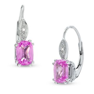 Cushion Cut Lab Created Pink Sapphire Leverback Earrings in 14K White