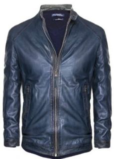 H.E. By Mango Men's Leather Biker Jacket, Navy, L at  Mens Clothing store