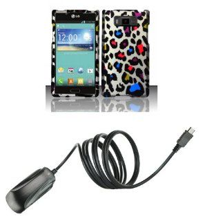 LG Venice / Splendor US730 Combo   Rainbow Leopard on Silver Design Shield Case + Atom LED Keychain Light + Micro USB Wall Charger Cell Phones & Accessories