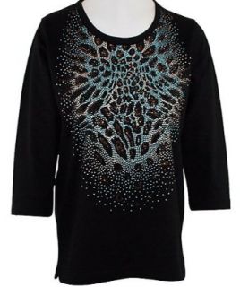 Christine Alexander   Turquoise Leopard 3/4 Sleeve, Scoop Neck, Cotton Spandex Blend Top, Black Colored Accented with Swarovski Crystals Fashion T Shirts