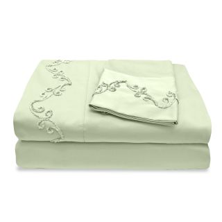 Veratex Grand Luxe 300 Thread Count Egyptian Cotton Deep Pocket Sheet Set With Chenille Embroidered Scroll Design Green Size Twin