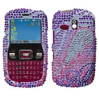 SPARKLING PURPLE WITH SILVER HOT PINK ANGEL WING FULL DIAMOND RHINESTONE SNAP ON HARD SKIN FACEPLATE BLING COVER CASE FOR SAMSUNG FREEFORM R350 R351 Cell Phones & Accessories
