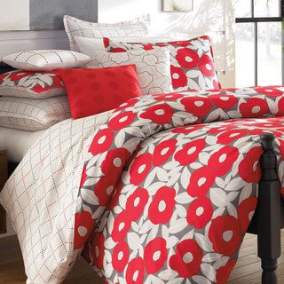 Red Poppy Cotton Percale 3 piece Duvet Cover Set With Optional Euro Sham