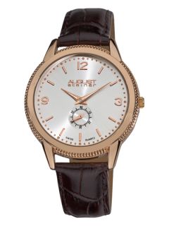 Mens Rose Gold & Embossed Brown Leather Watch by August Steiner